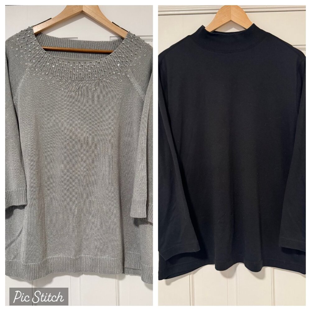 Bundle Lot Womens Plus 18/20 Avenue Tops Gray 3/4 Sleeve & Black Mock Turtleneck